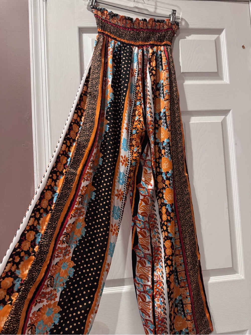 Smocked high waist -Leg Floral Stripe Pants - Orange/Black